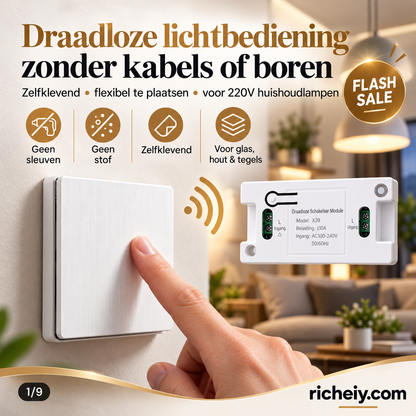 🔥FLASH SALE🔥 Draadloze Lichtschakelaar Set – Zonder Kabels of Boren, Zelfklevend – Voor 220V Huishoudlampen – Flexibel op Glas, Hout & Tegels – Vlamvertragend! 💡✨