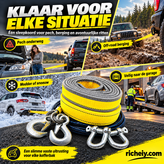 🔥FLASH SALE🔥 8-Ton Sleepkoord met U-Beugel Haken – Verbreed & Verdicht Band, Reflecterende Strepen – Gesmede Haken, Versterkte Lusuiteinden – 4m! 🚗✨