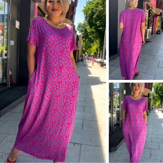 🔥50% KORTING🔥Diamond Neck Roze Paarse Bloemenprint Jurk