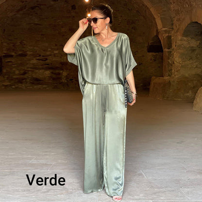 💃Elegant, glanzend tweedelig setje met oversized V-halslijn