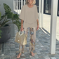 Set damesbroek met print en top met ronde hals