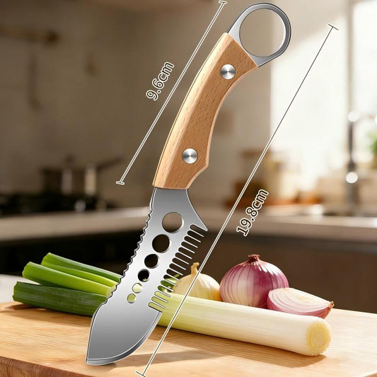 🎉2026 SALE – 16.000+ VERKOCHT!🥬 Multifunctioneel Groentensnijmes – Kamvormig Blad voor Perfecte Julienne, Vissenschubber & Kruidenstripper – 3-in-1 – Beukenhouten Handvat! ✨