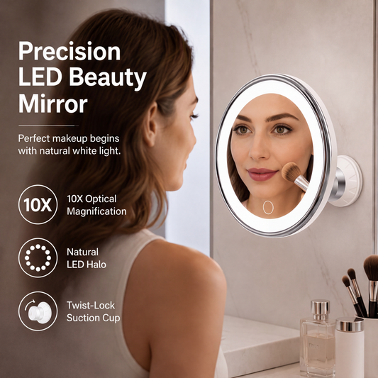 🥳2026 BESTSELLER🥾 10x Make-up Spiegel met LED – Ultradunne Vergroting, Zonlicht Simulatie – Sterke Zuignap, 360° Verstelbaar – AAA of USB Voeding! 🛡️💨