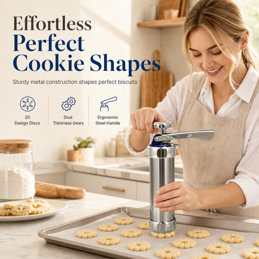 🔥FLASH SALE🔥 DIY Koekjesspuitset met 20 Schijven – Metalen Knijphendel, Uniforme Vormen – Verstelbare Koekjesdikte – Voedingskwaliteit Aluminium – Eenvoudig & Pijnloos! 🍪✨