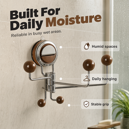 🔥FLASH SALE🔥 Boorvrije Zuignap Draaihaak – Draaibaar Multi-Haak Ontwerp, Sterke Zuignap – Vochtdicht, GladdE Afgeronde Uiteinden – Walnoot Hout-Chroom – Zonder Boren! 🛁✨