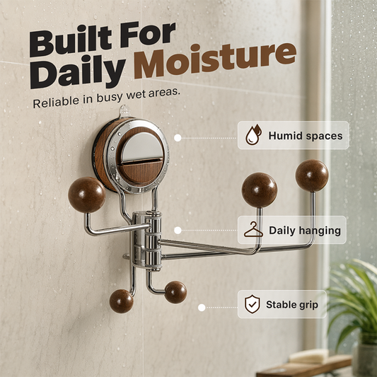 🔥FLASH SALE🔥 Boorvrije Zuignap Draaihaak – Draaibaar Multi-Haak Ontwerp, Sterke Zuignap – Vochtdicht, GladdE Afgeronde Uiteinden – Walnoot Hout-Chroom – Zonder Boren! 🛁✨