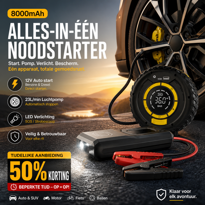 🚗⚡ 50% KORTING – 4-in-1 Draadloze Acculader & Bandenpomp | Voor Onderweg & Noodsituaties