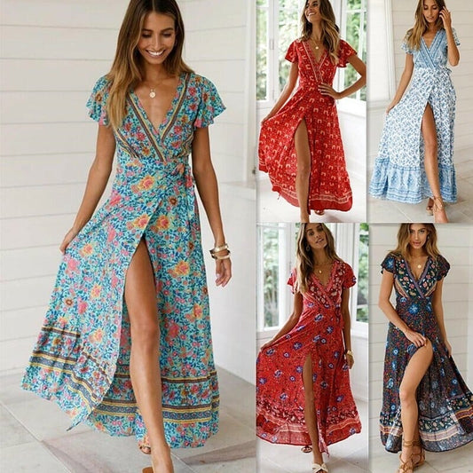 2023 Zomer dames bloemenprint boho jurk met V-hals