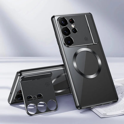 Luxe aromatherapie 2 in 1 metalen frame met slot, opvouwbare lens, magnetische transparante telefoonoplaadstandaard voor Samsung