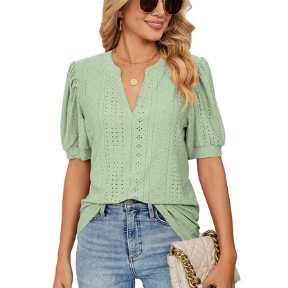 Losse t-shirttop in effen kleur met holle bellenmouwen