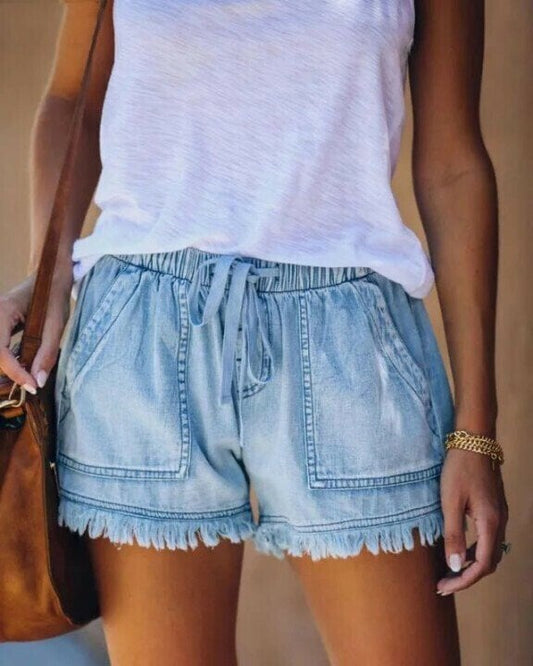 Denim short met elastische taille en kwastzakken